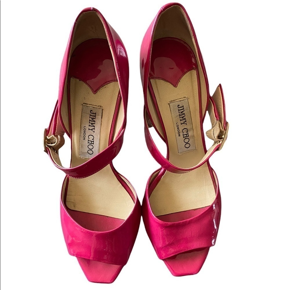 Jimmy Choo Lumiere Hot Pink Patent Leather Mary Jane Peep Toe Heels 35.5 Italy